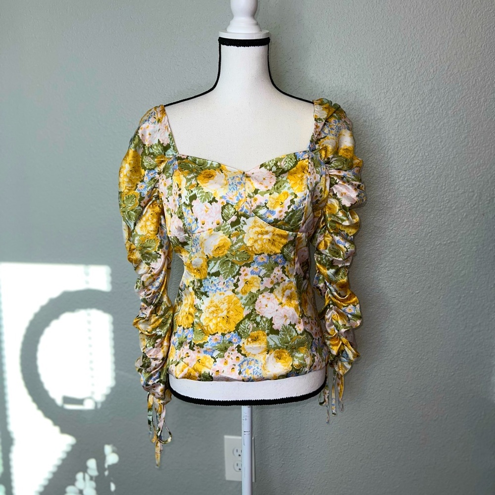 NWT Boutique Yellow & Green Floral Print  Puff Sleeve Drawstring Top Size Large